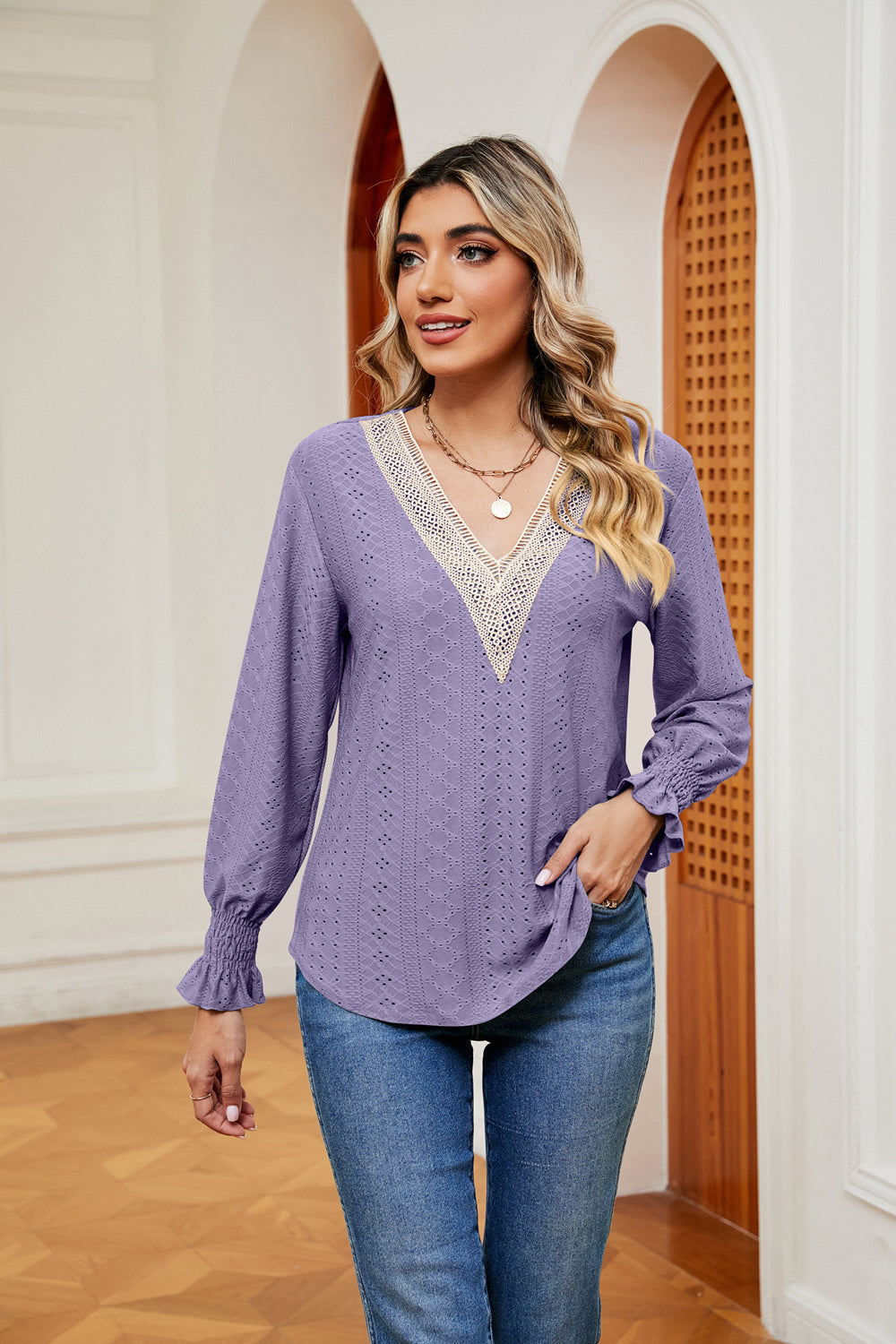 Lavender Contrast crochet V-neck eyelet blouse with flounce cuffs