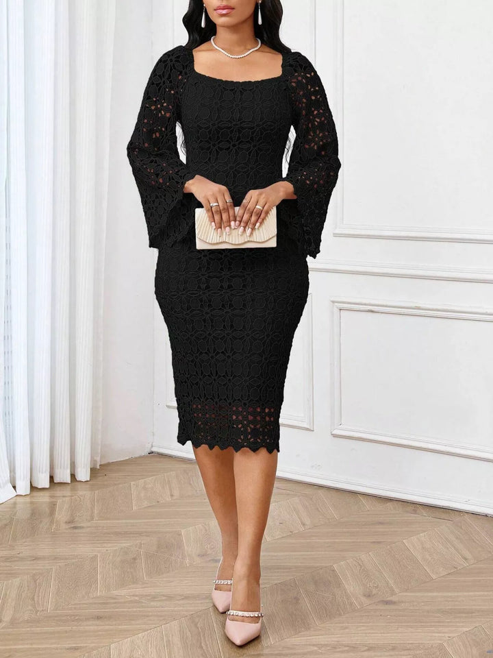 Floral lace bell-sleeve midi dress with square neck