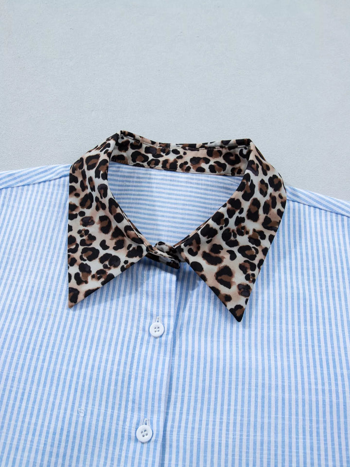 Striped short-sleeve button-down with leopard collar and cuffs
