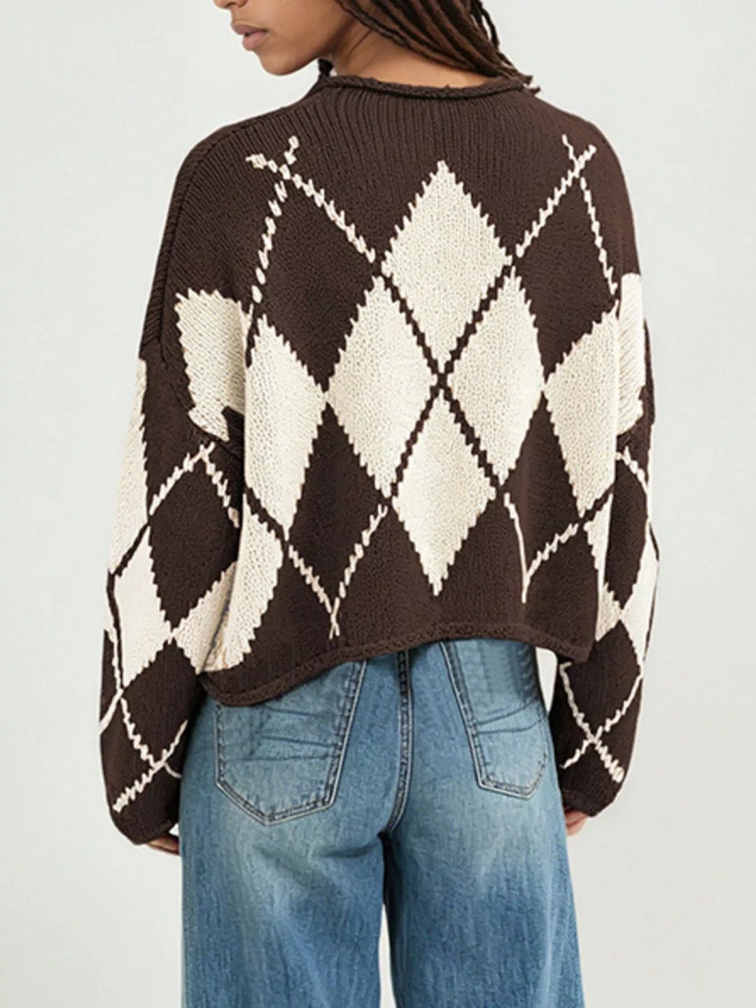 Argyle knit dropped shoulder sweater with ribbed trim