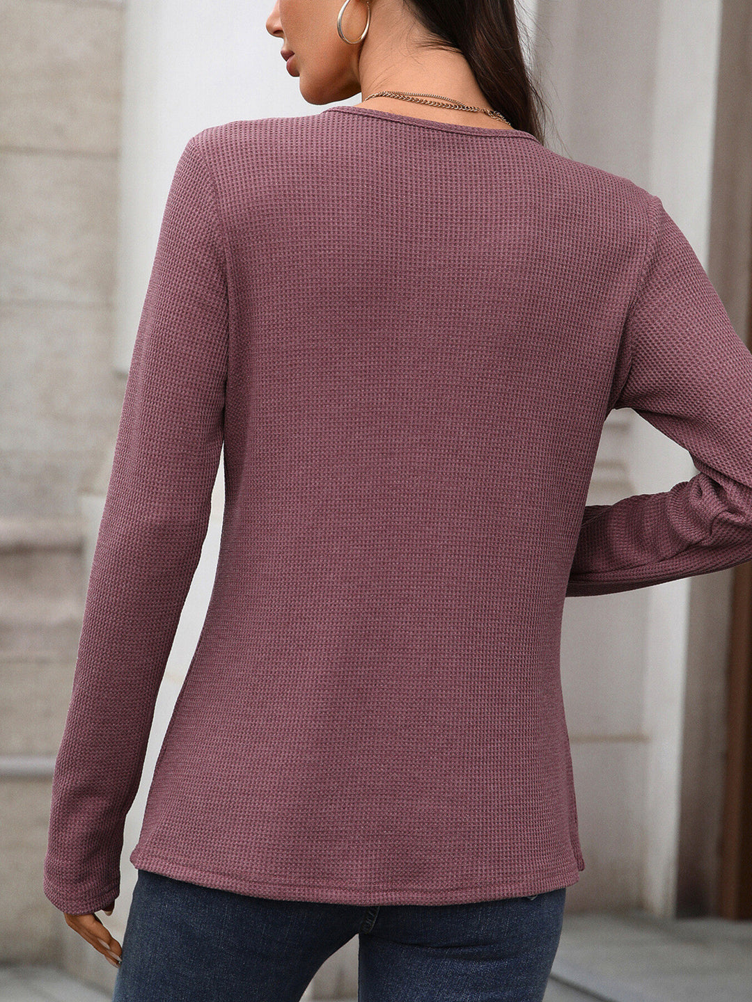 Waffle knit long sleeve henley top with button placket