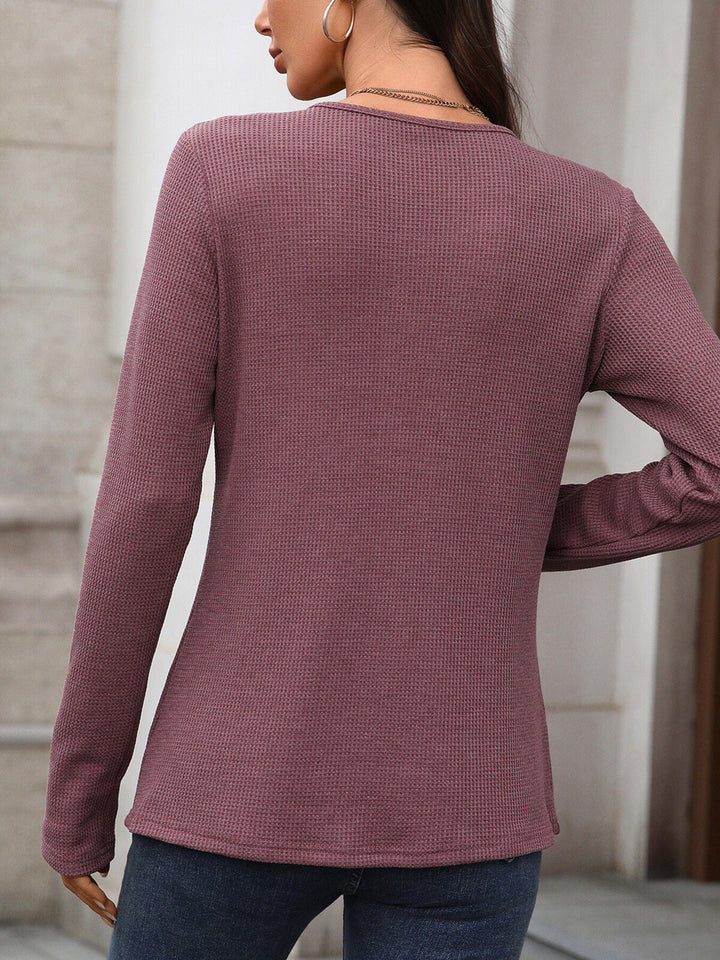 Waffle knit long sleeve henley top with button placket