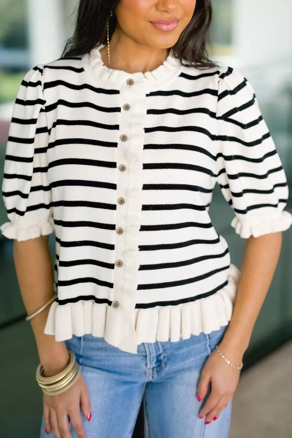 Stripe Striped short sleeve knit cardigan with ruffle trim