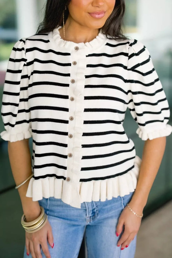 Stripe Striped short sleeve knit cardigan with ruffle trim