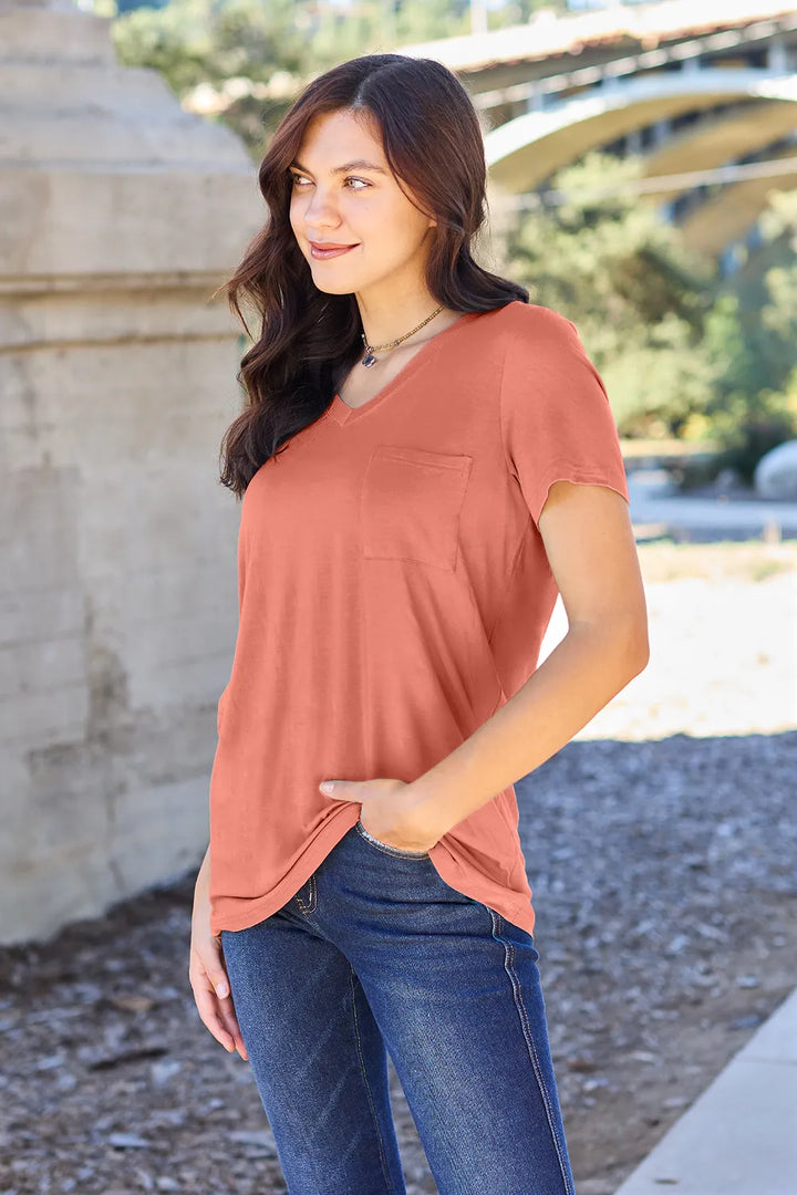 V-neck short sleeve bamboo tee with chest pocket