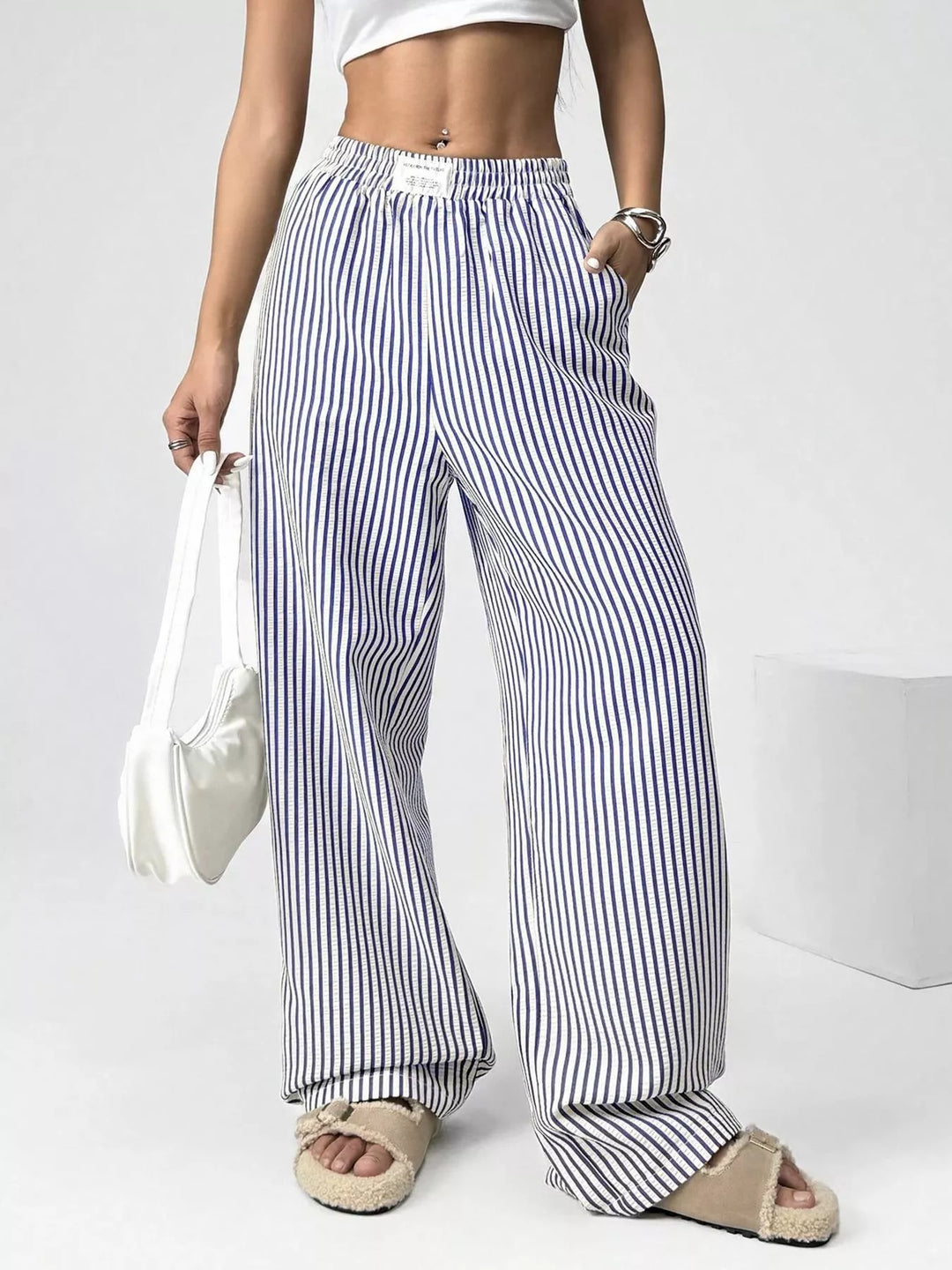 Blue Striped high-waist wide-leg pants with drawstring