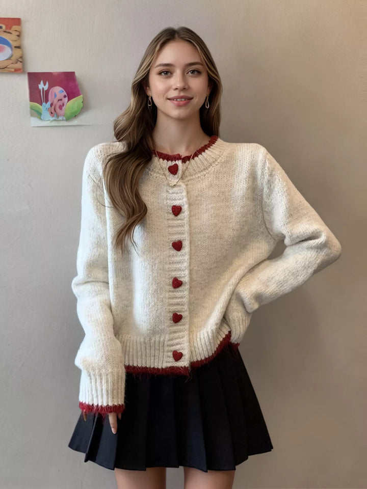 Heart button knit cardigan with contrast trim