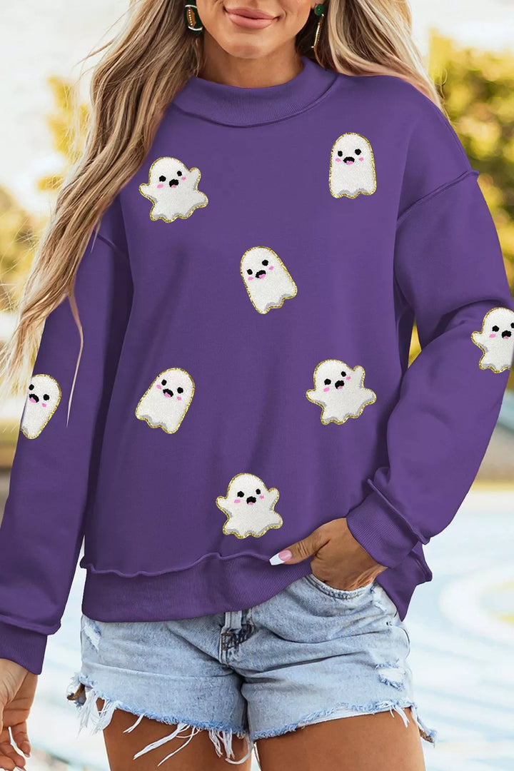 Glitter ghost patch mock neck tunic sweatshirt