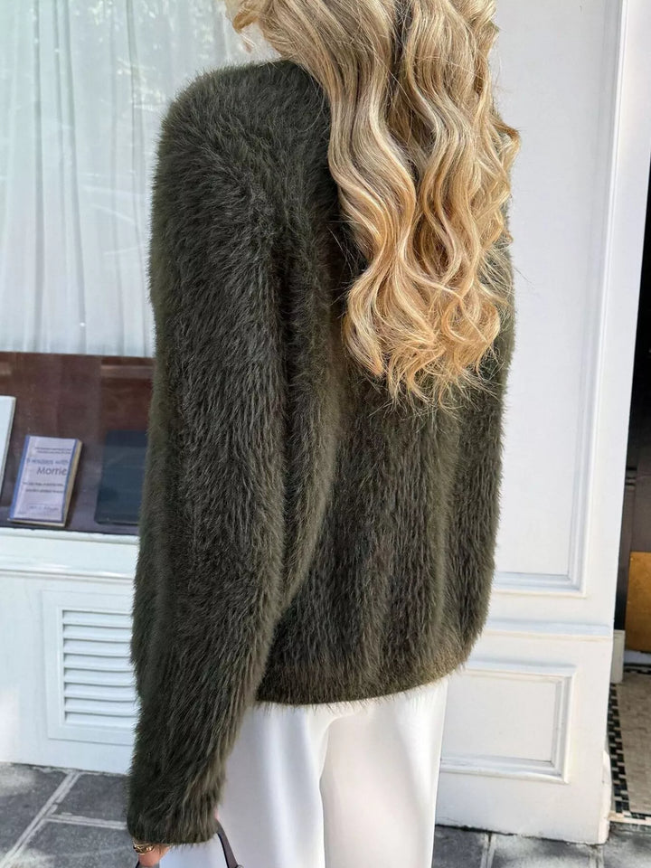 Fuzzy eyelash knit button-front cardigan with pearl buttons