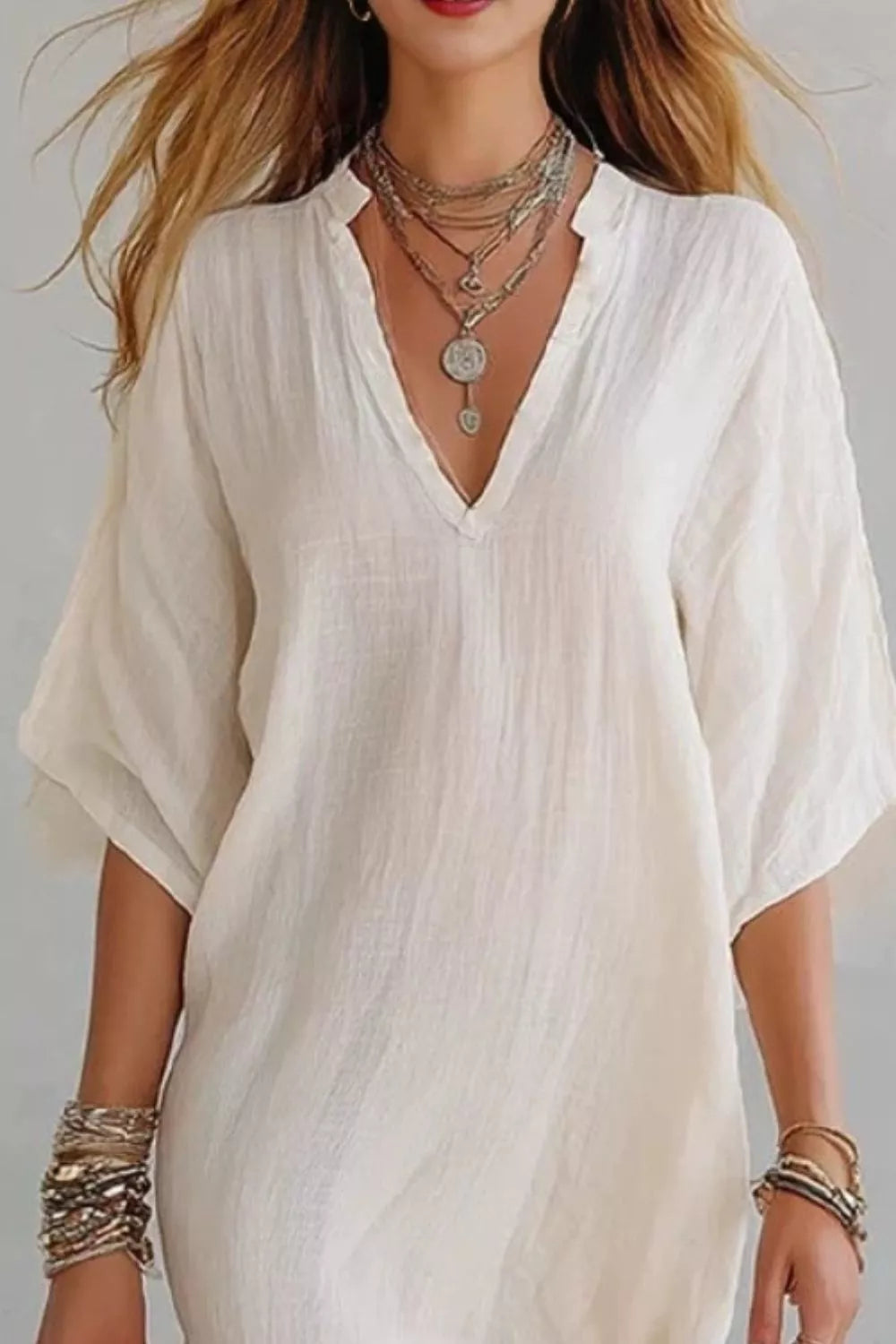 Relaxed notched V-neck crinkle mini dress