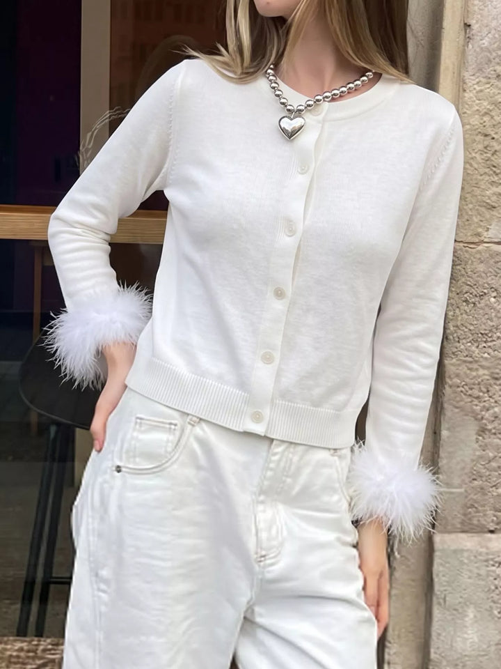 Feather trim cuff button-up knit cardigan