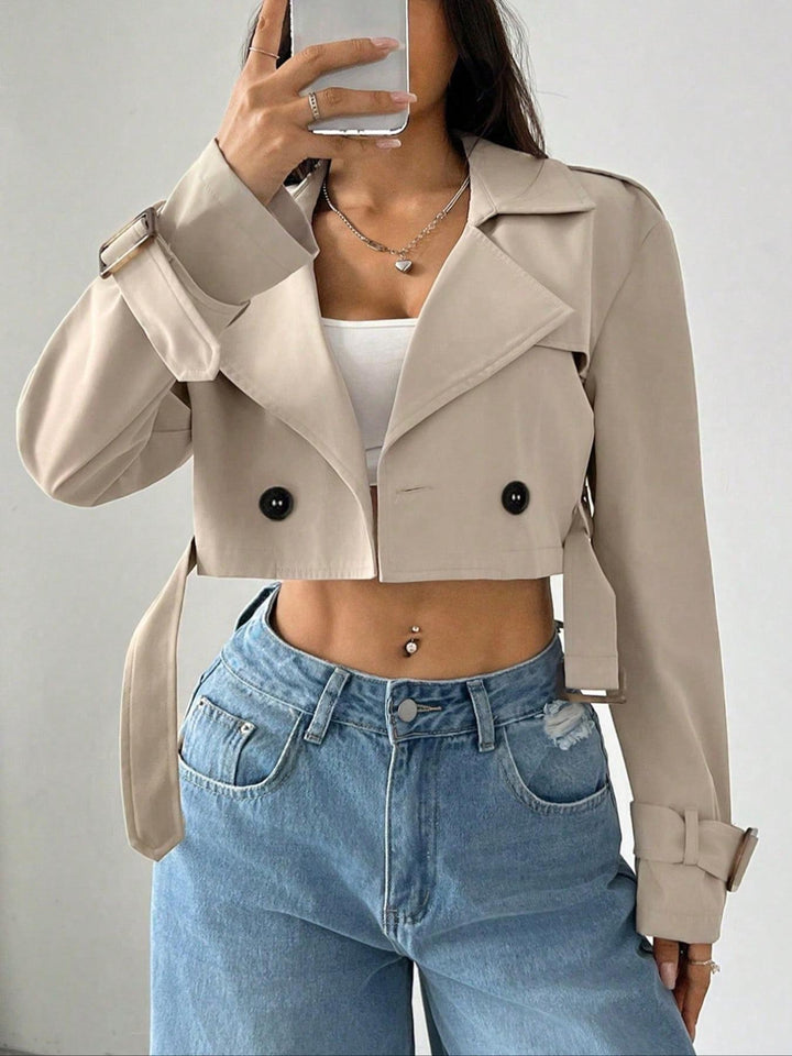 Cropped double-breasted trench jacket with belted cuffs