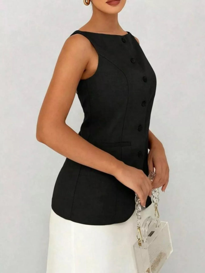 Sleeveless button-down tailored vest with welt pockets