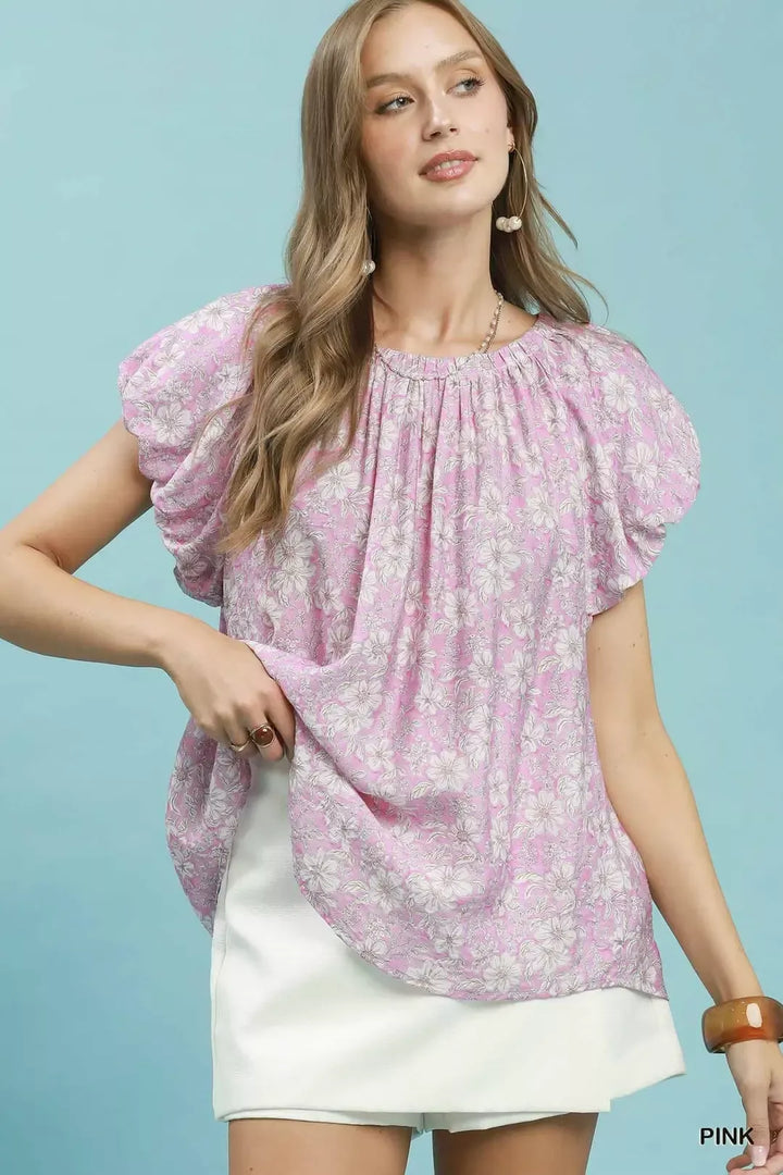 PINK Floral puff sleeve blouse with gathered neckline