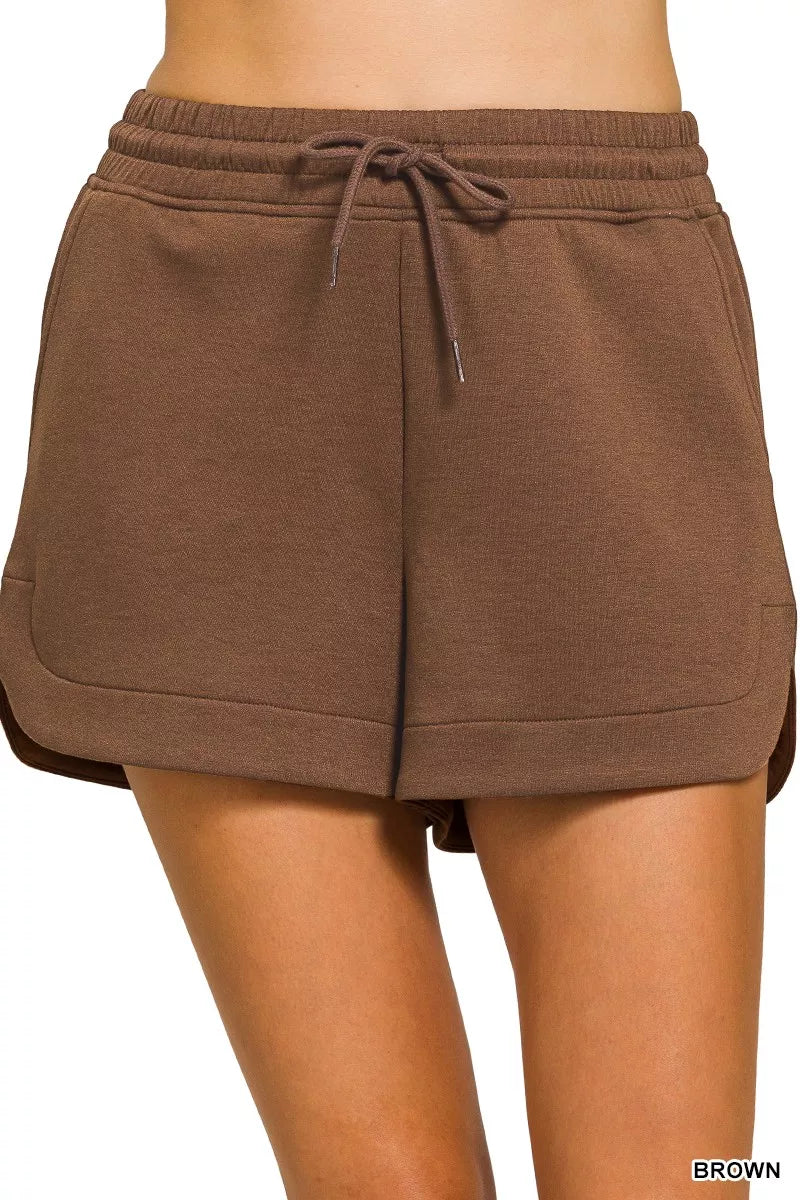 BROWN Scuba knit drawstring shorts with side pockets