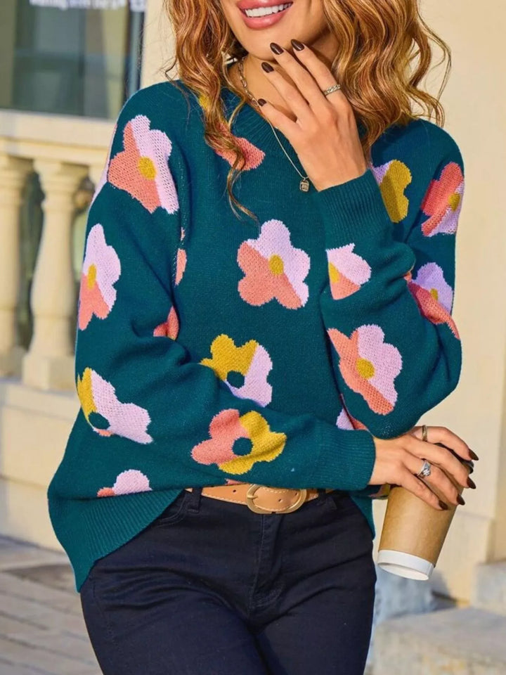 Retro floral crew neck knit pullover sweater