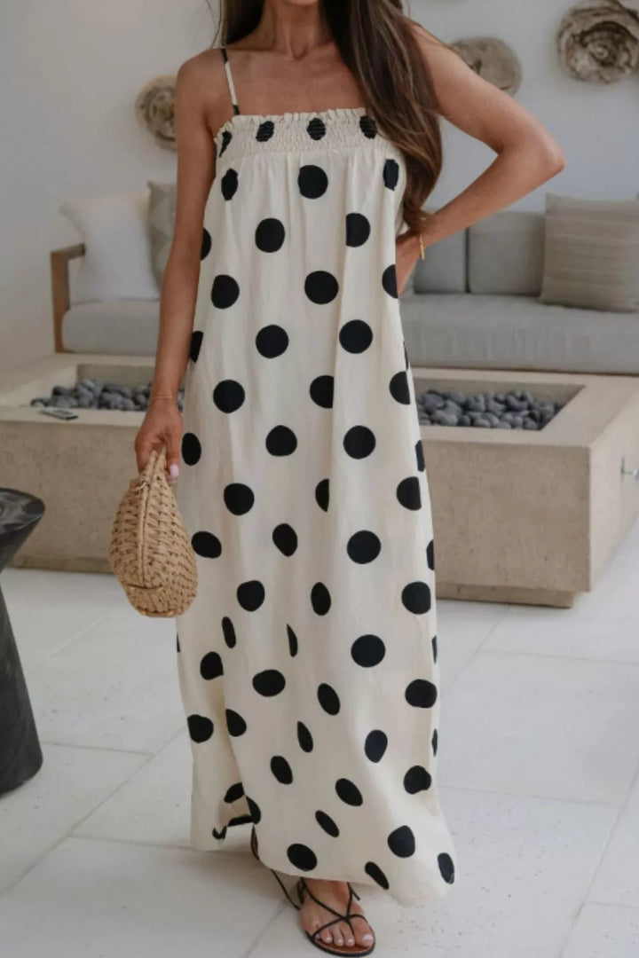 White Polka dot smocked spaghetti strap maxi dress