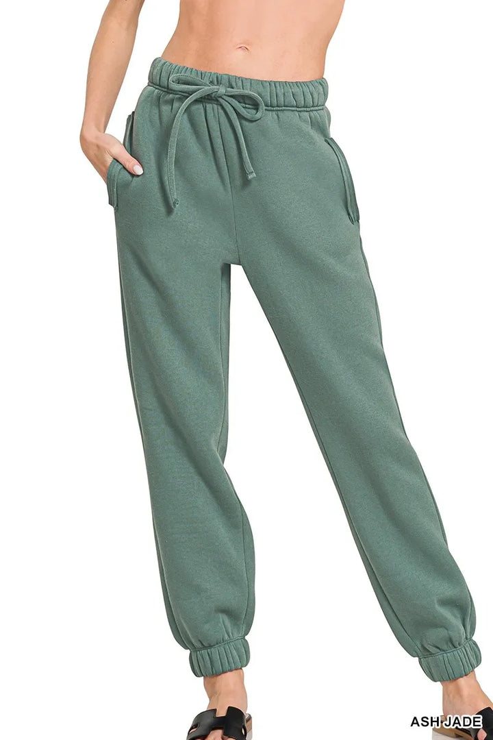 Green Fleece drawstring jogger pants with ribbed ankle cuffs