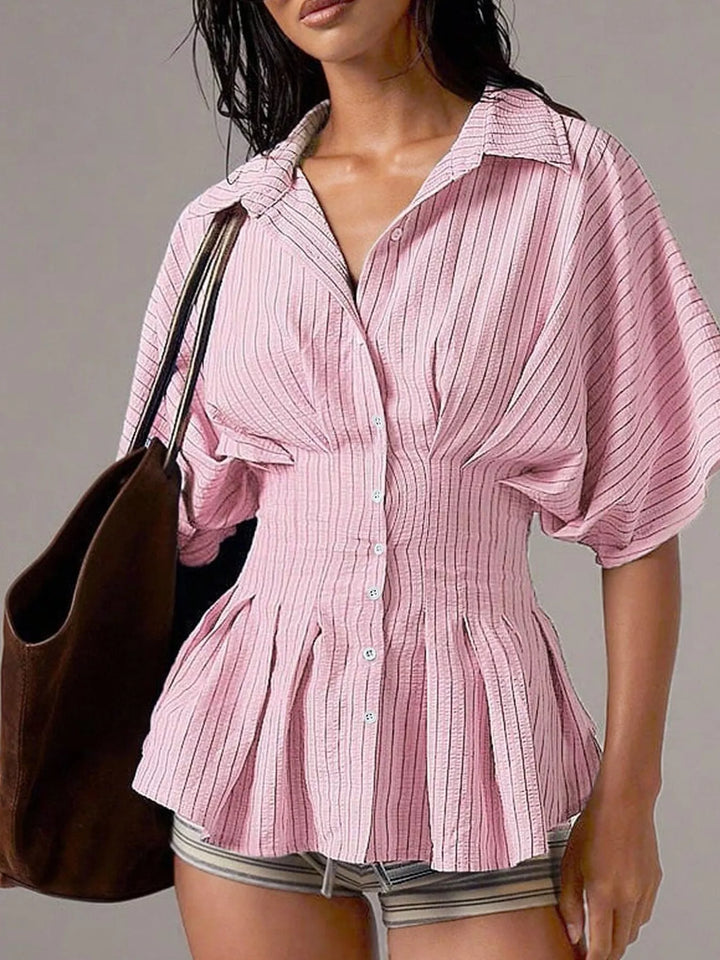 Pink Striped button-down shirt with ruched cinched waist