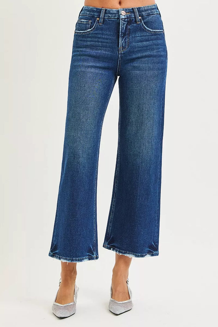 DARK High-rise cropped wide leg jeans with raw frayed hem