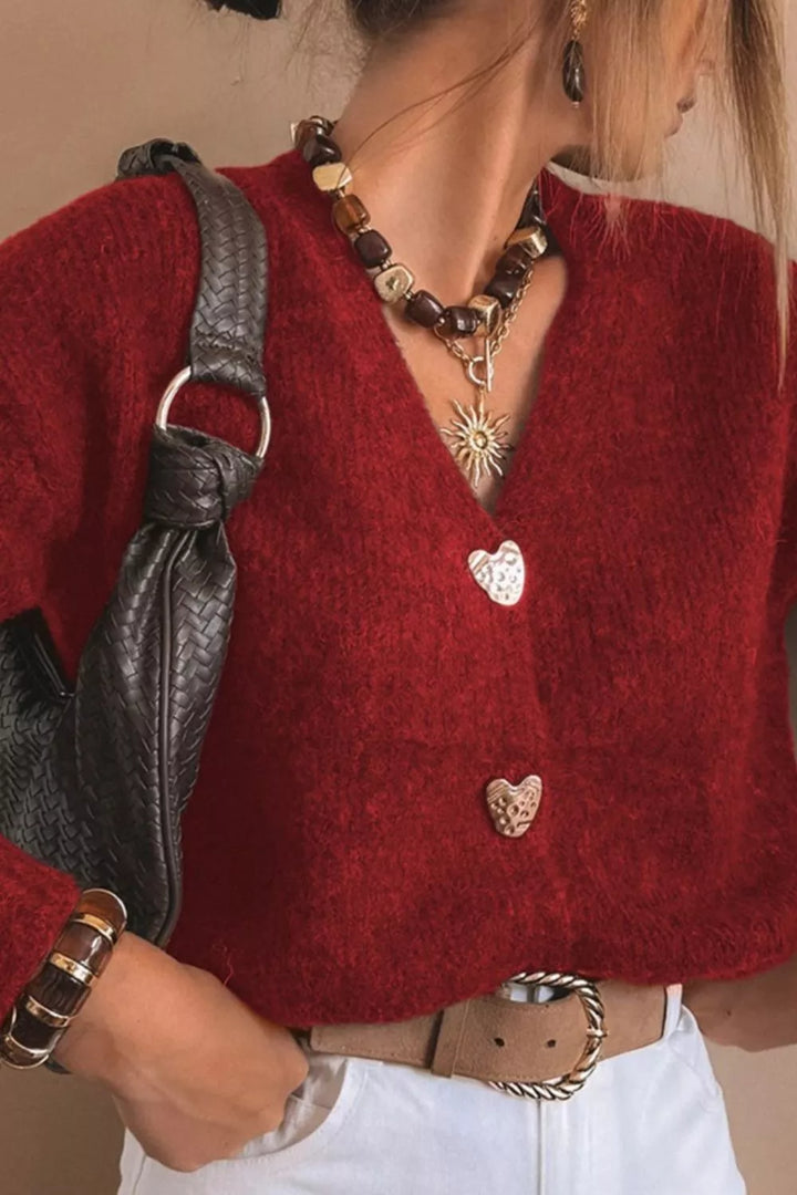 Fuzzy knit cropped cardigan with gold heart buttons