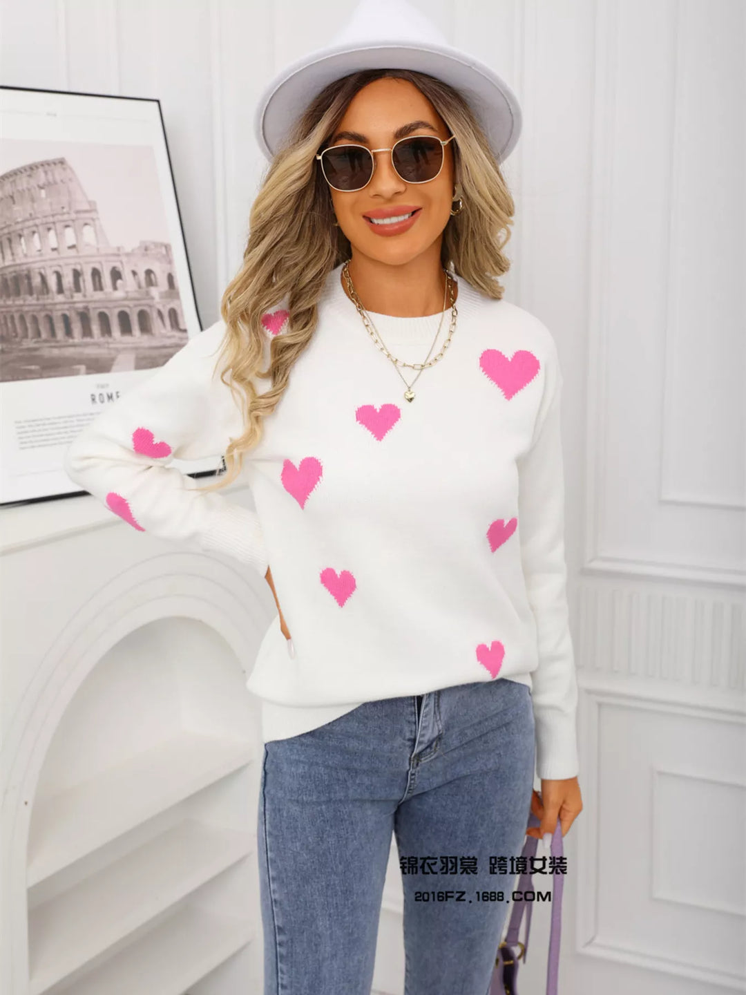 Contrast heart knit crewneck pullover sweater