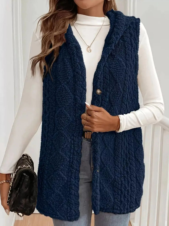 Textured sherpa hooded vest with button front