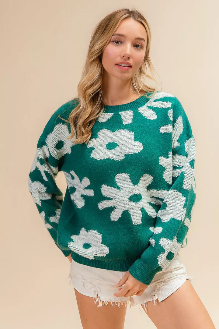 Floral pattern crew neck pullover sweater with long sleeves