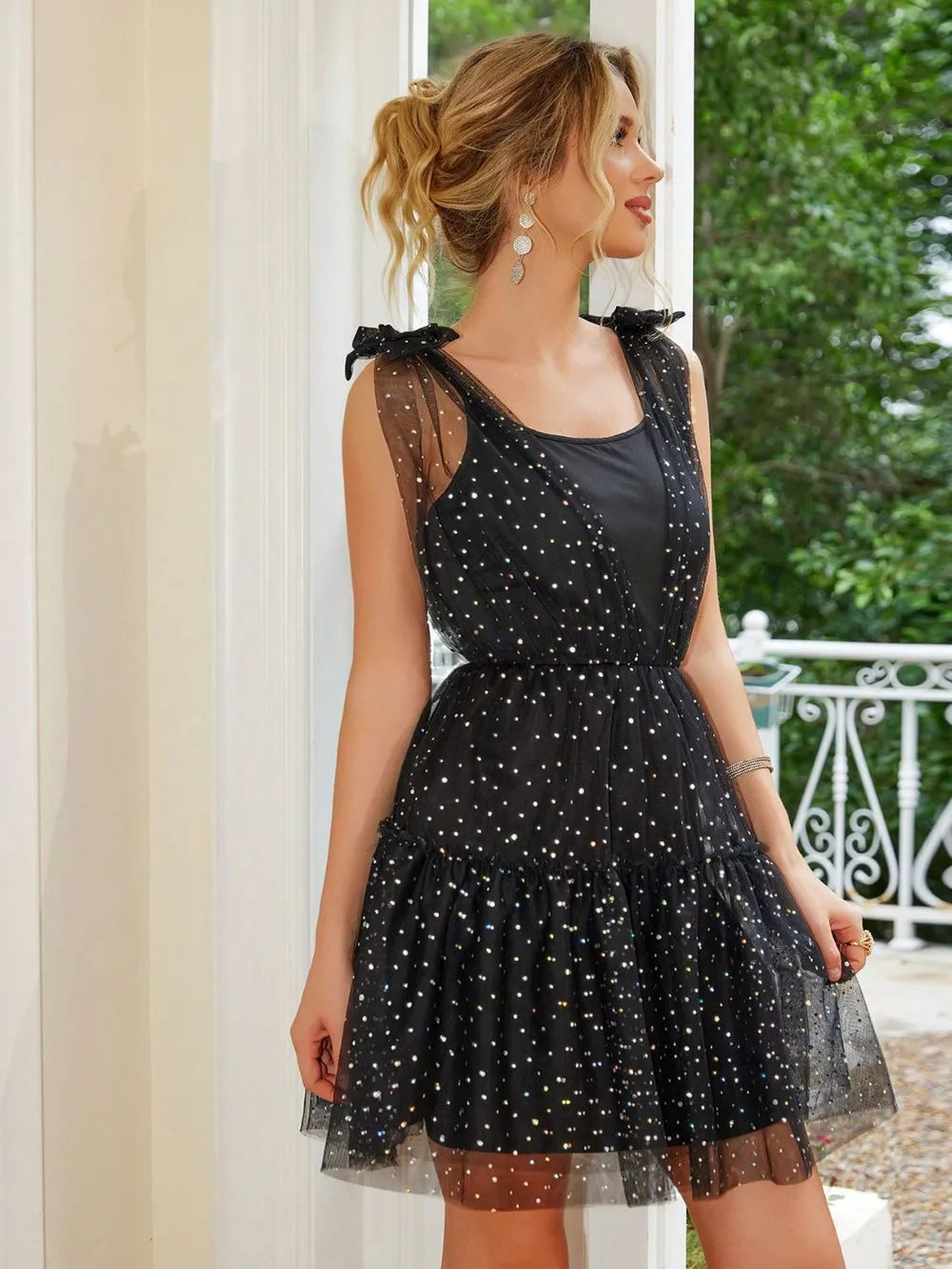 Star-print mesh tie-shoulder tiered mini dress
