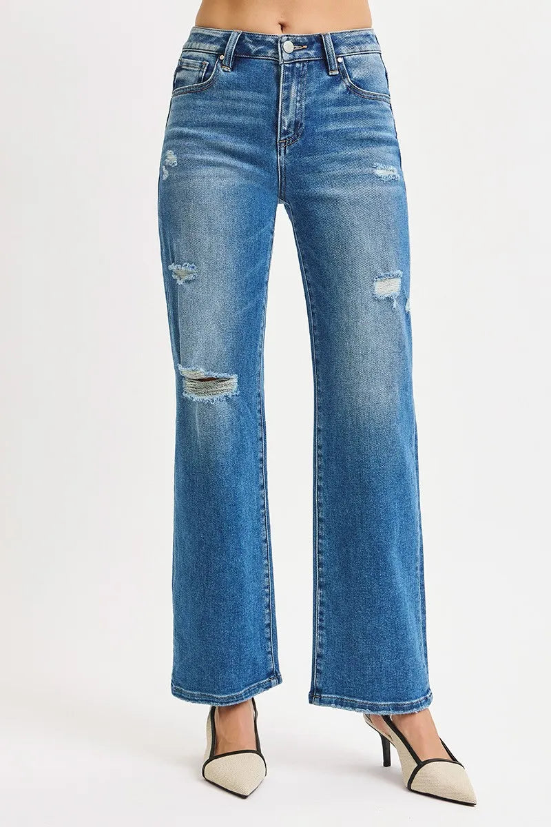 Distressed high-rise straight-leg ankle jeans