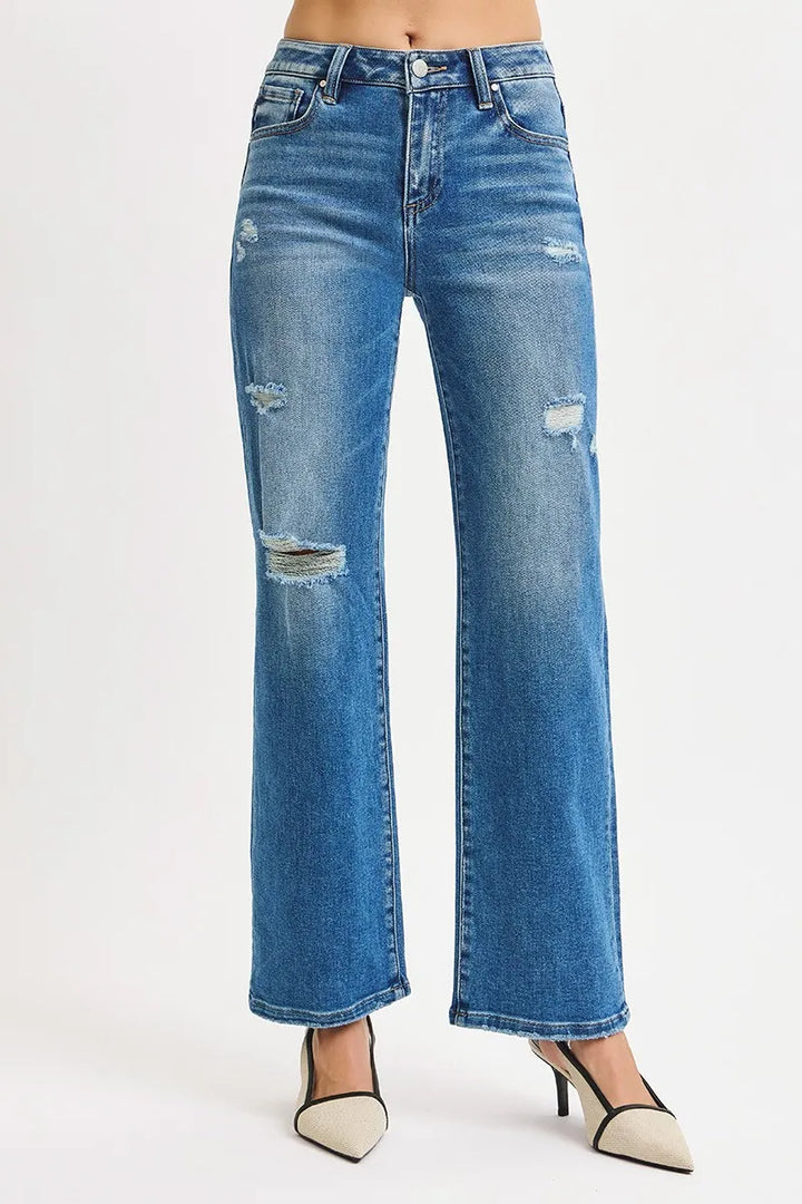Distressed high-rise straight-leg ankle jeans