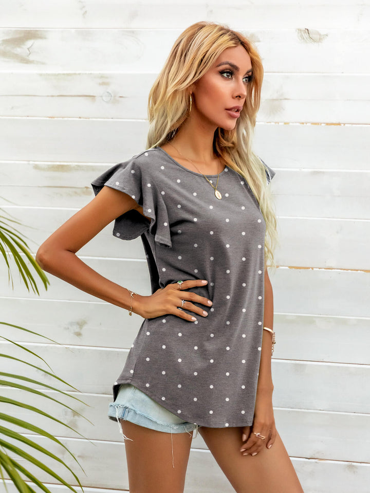 Ruffled butterfly cap sleeve round neck top