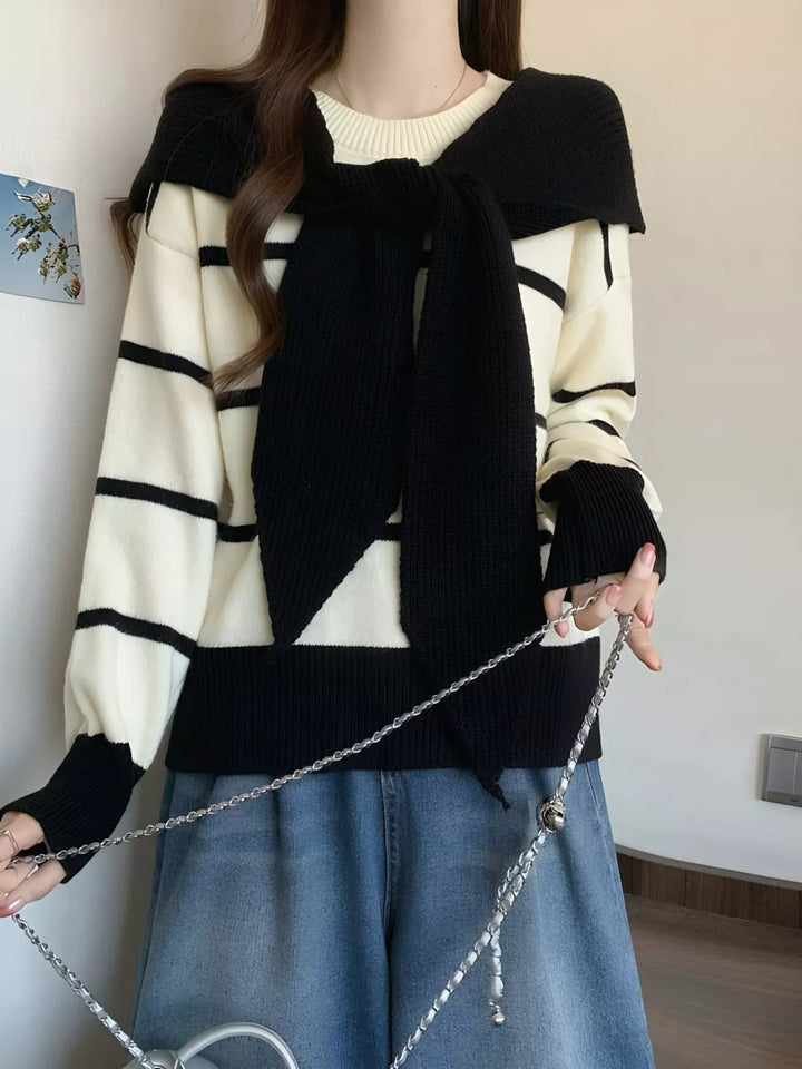 Black Striped tie-front round neck sweater with long sleeves