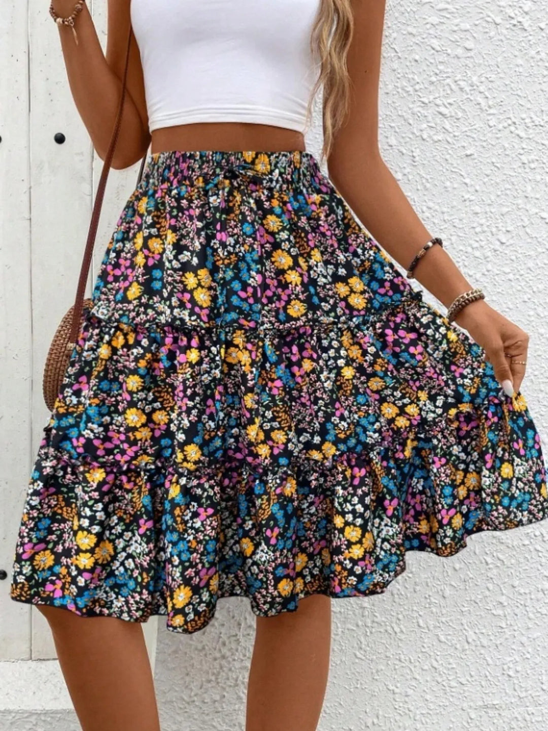 Floral print tiered ruffle mini skirt
