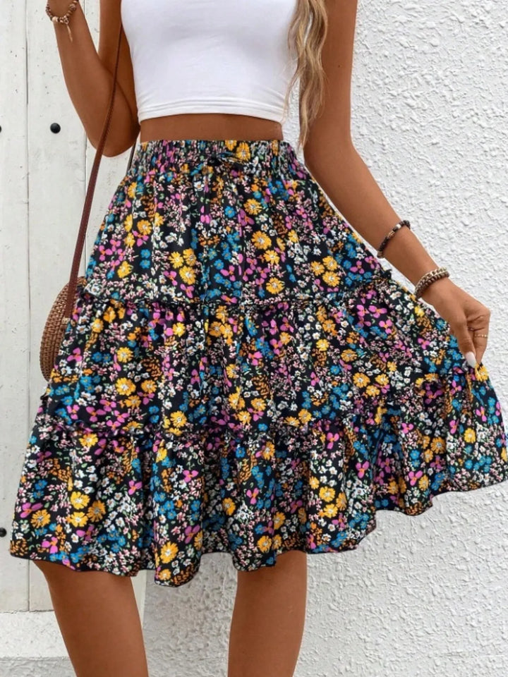 Floral print tiered ruffle mini skirt