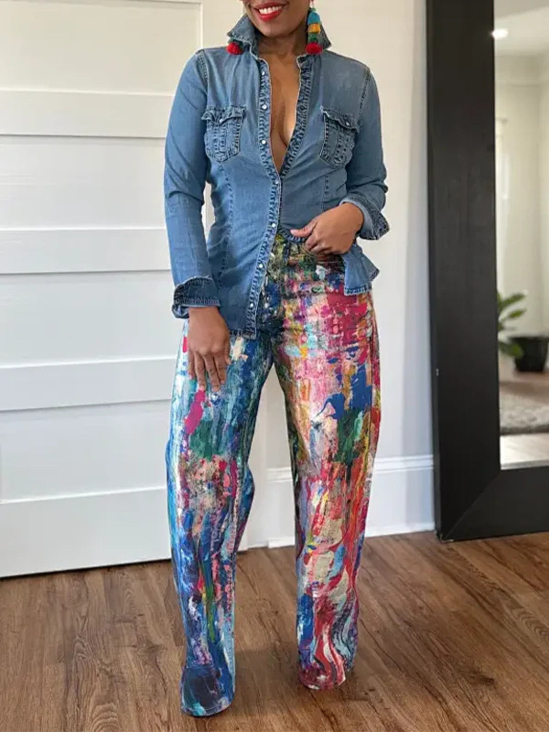 Paint-splatter print high-rise wide-leg pants