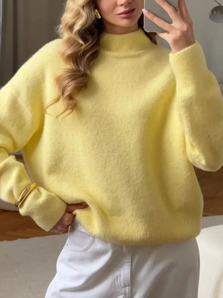 Ribbed mock neck dropped shoulder knit sweater