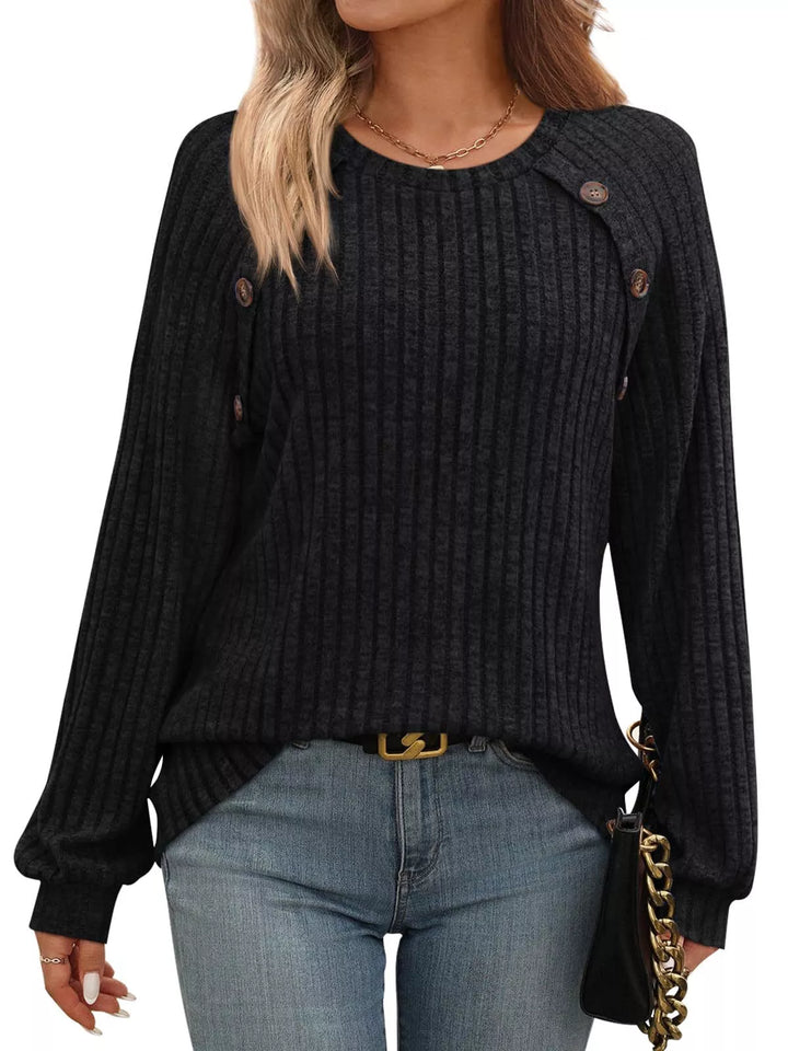 Black Ribbed knit long sleeve top with decorative shoulder buttons