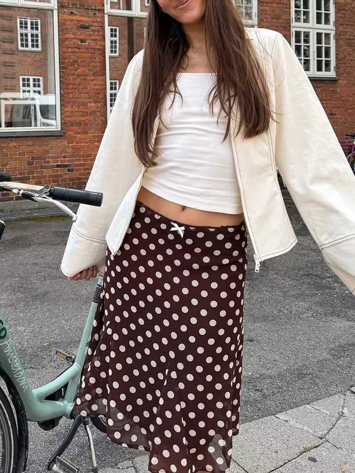 Polka dot chiffon midi skirt with bow waist