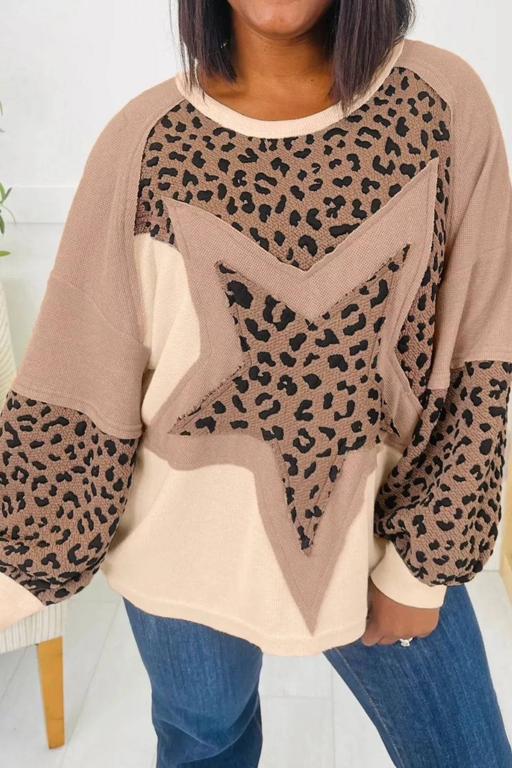 Oversized leopard star patchwork crew neck sweatshirt