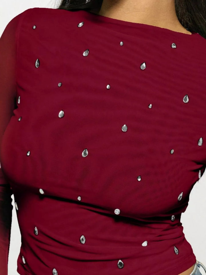 Sheer mesh rhinestone long sleeve crop top