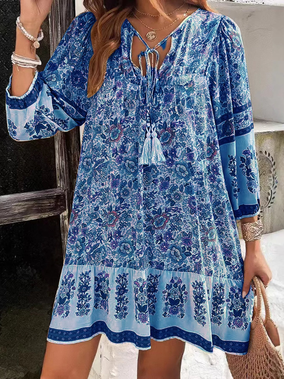 Navy Boho floral v-neck mini dress with tassel tie and long sleeves