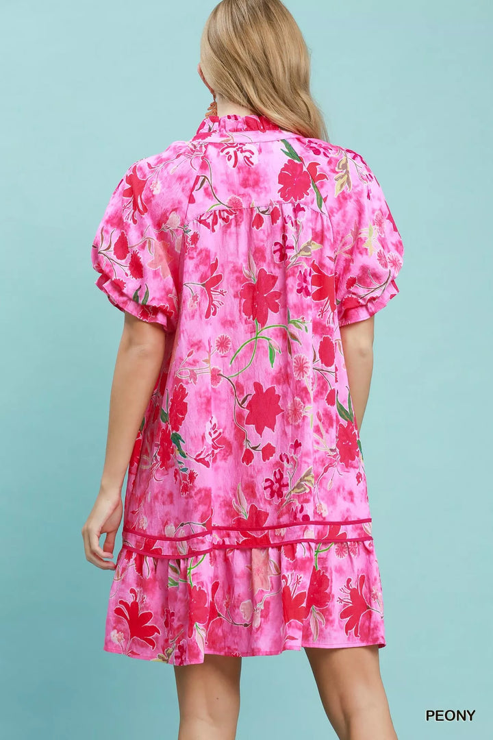 Floral puff sleeve mini dress with tiered ruffle hem