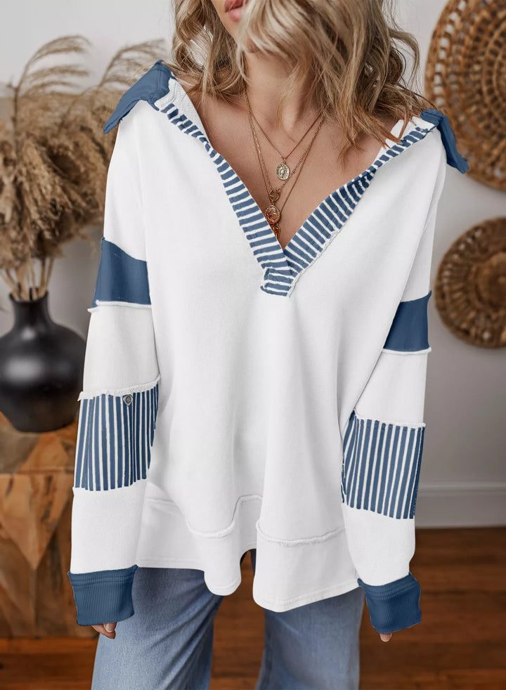 White Color block striped Johnny collar sweatshirt with exposed seams