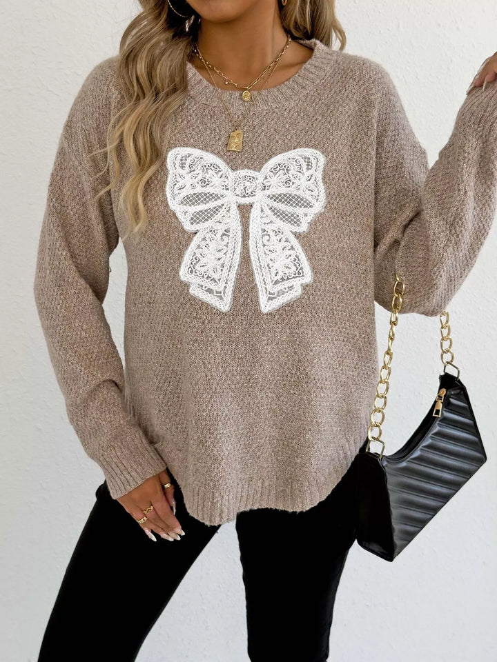 Apricot Lace bow applique crew neck knit sweater
