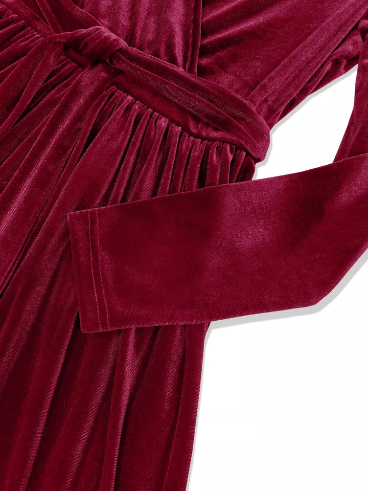 Velvet surplice wrap maxi dress with tie waist
