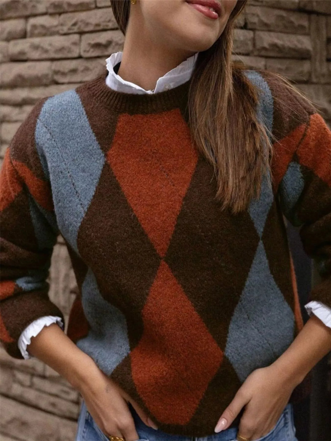 Brown Argyle diamond knit round neck pullover sweater
