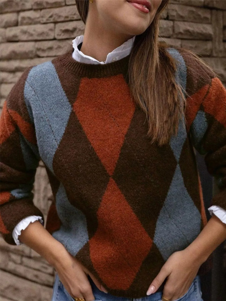 Brown Argyle diamond knit round neck pullover sweater