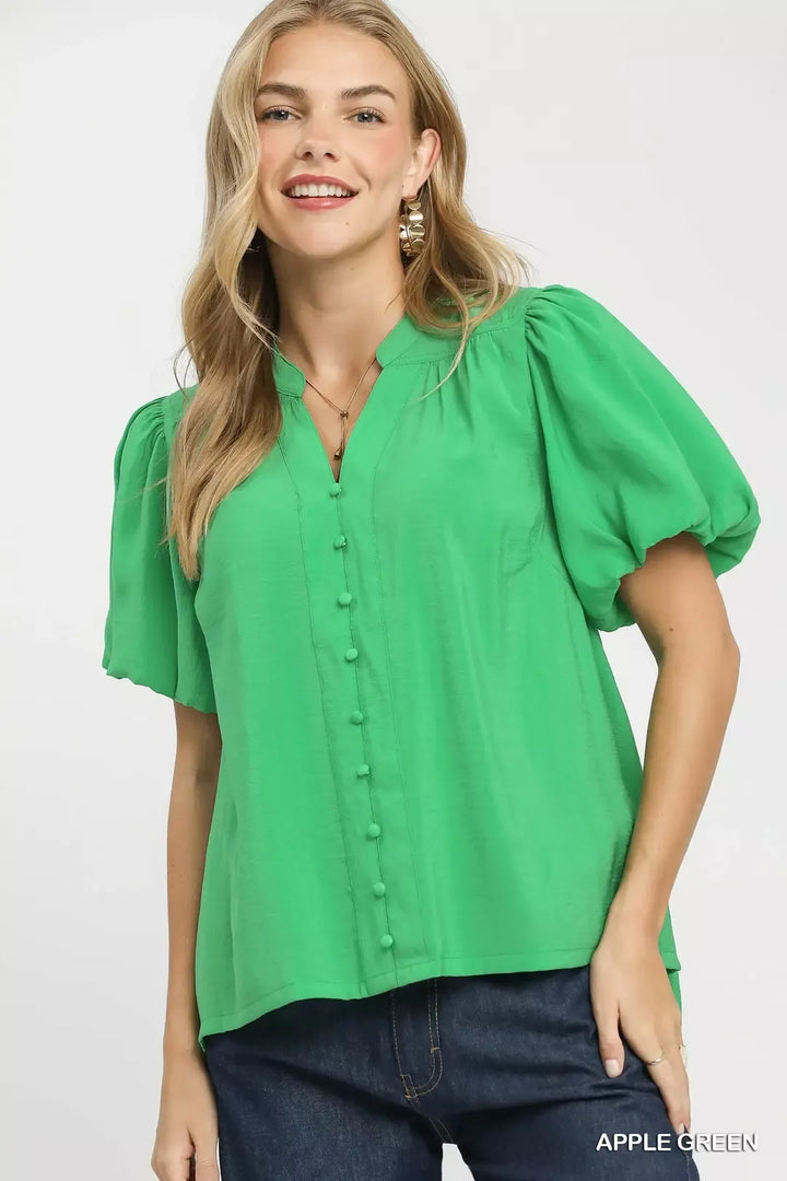 APPLE GREEN Puff sleeve button-front blouse with notched neckline