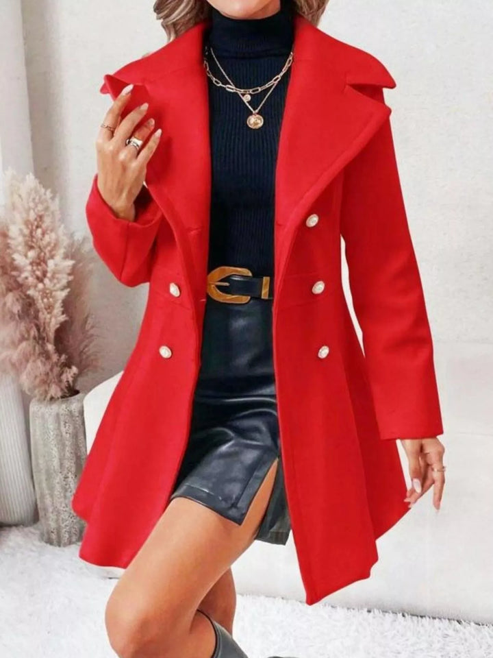 Red Double-breasted peplum coat with notch lapels and pockets